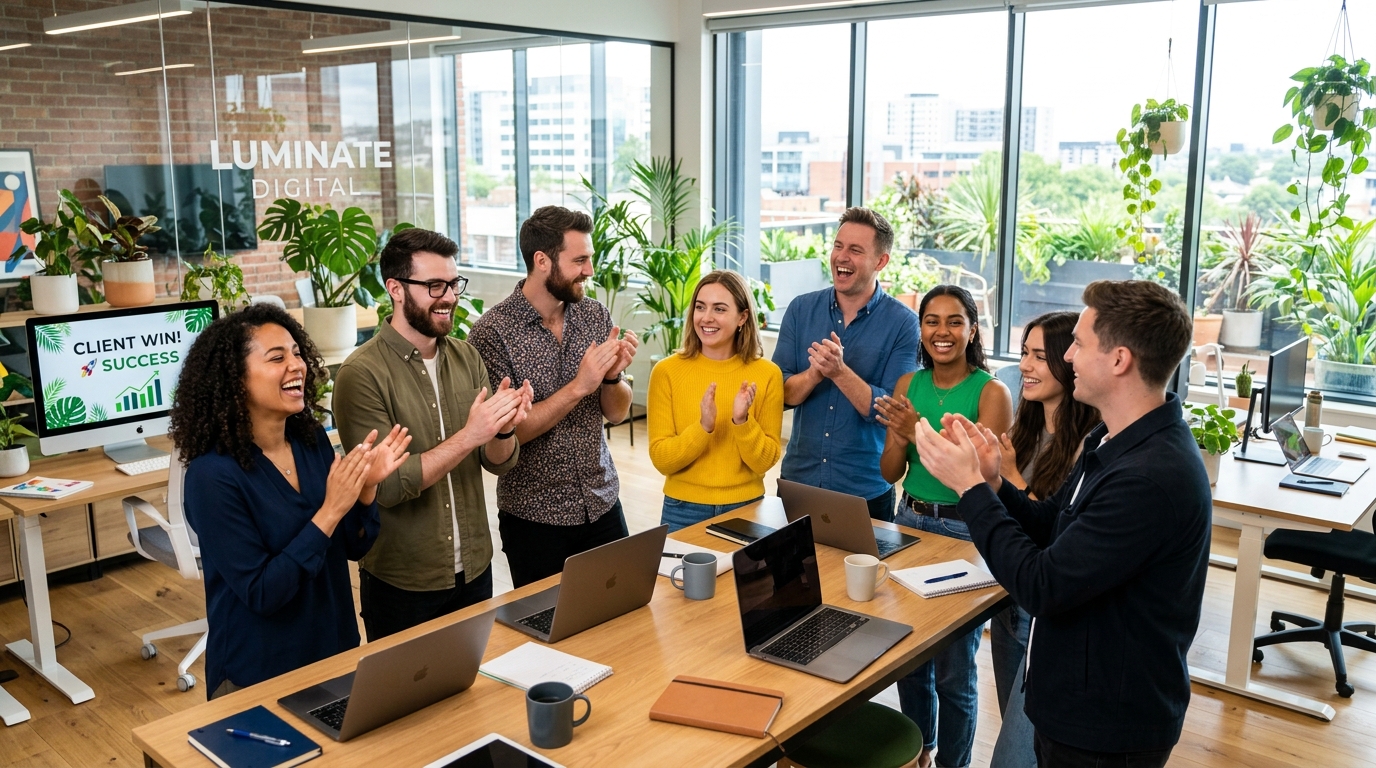 Team members celebrating a project win