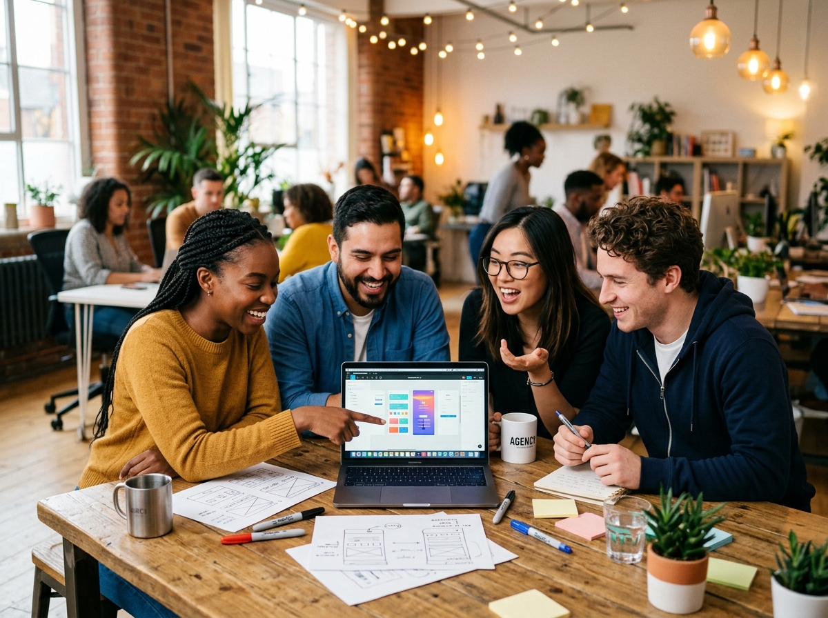 Colleagues collaborating around a laptop